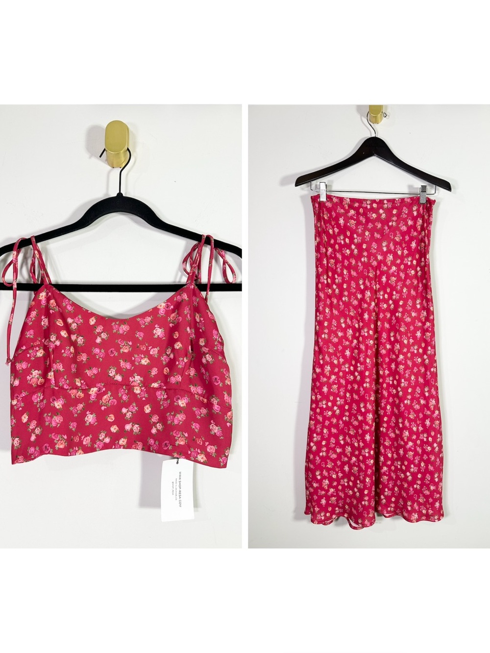 RESA Red Pink Floral Rose 2-Piece Cropped Tank Top Maxi Slip Skirt Set NWT